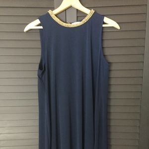 Elegant Blue Cocktail Dress w Gold Collar Accent
